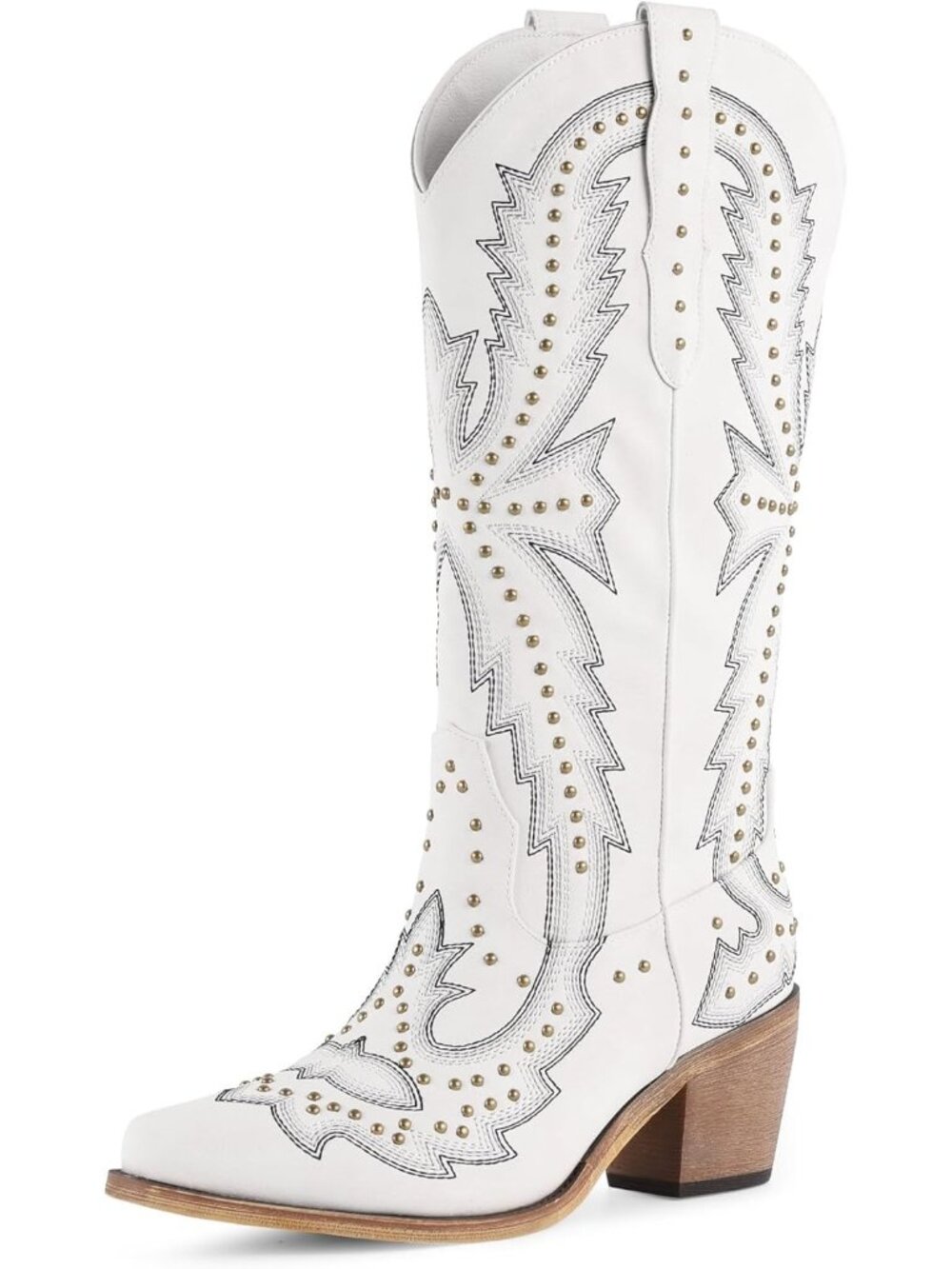 Women's Off-White Fringe Knee High Heel Boot Faux Fur Pointed Toe Western Boots